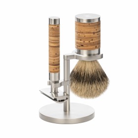 Set de barbierit cu aparat de ras clasic Safety Razor si pamatuf Silvertip Badger cu par de bursuc si maner de otel si scoarta de mesteacan Muehle Rocca S 091 M 95 SR